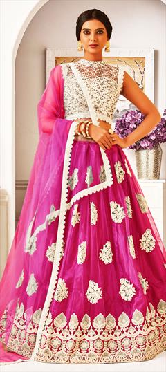 Festive, Party Wear Pink and Majenta color Lehenga in Net fabric with A Line Embroidered, Resham, Sequence, Thread work : 1744393