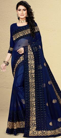 Festive, Party Wear Blue color Saree in Net fabric with Classic Embroidered, Stone, Thread work : 1744511