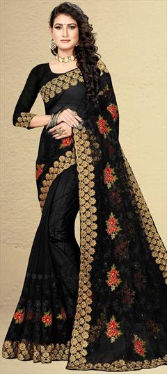 Festive, Party Wear Black and Grey color Saree in Net fabric with Classic Embroidered, Stone, Thread work : 1744512