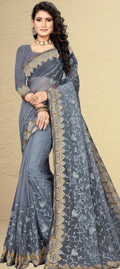 Festive, Party Wear Black and Grey color Saree in Net fabric with Classic Embroidered, Stone, Thread work : 1744531