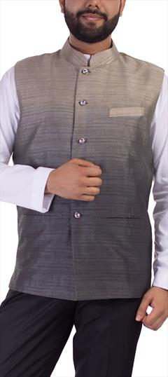 Black and Grey, Silver color Nehru Jacket in Raw Silk fabric with Ombre, Printed work : 1744548