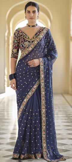 Bridal, Reception, Traditional, Wedding Blue color Saree in Art Silk, Silk fabric with South Sequence, Thread, Zari work : 1744549