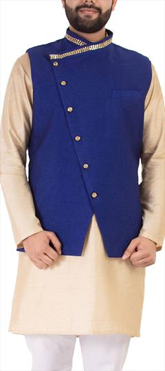 Blue color Nehru Jacket in Raw Silk fabric with Embroidered, Thread work : 1744555