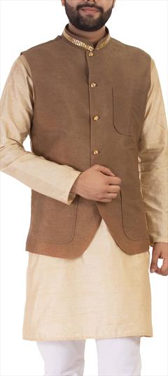 Beige and Brown color Nehru Jacket in Raw Silk fabric with Embroidered, Thread work : 1744556