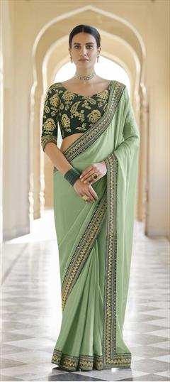 Bridal, Traditional, Wedding Green color Saree in Organza Silk, Silk fabric with South Sequence, Thread, Zari work : 1744564