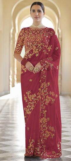 Bridal, Traditional, Wedding Red and Maroon color Saree in Organza Silk, Silk fabric with South Sequence, Thread work : 1744568