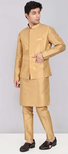 Gold color Kurta Pyjama with Jacket in Raw Silk fabric with Thread work : 1744678