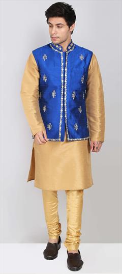 Gold color Kurta Pyjama with Jacket in Raw Silk fabric with Embroidered, Thread work : 1744704