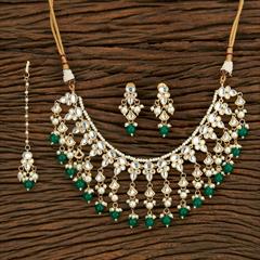 Green color Necklace in Brass studded with Beads, CZ Diamond, Kundan, Pearl & Gold Rodium Polish : 1745024