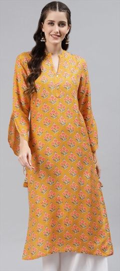 Festive Yellow color Kurti in Cotton, Silk fabric with Long Sleeve, Straight Floral, Printed work : 1745082