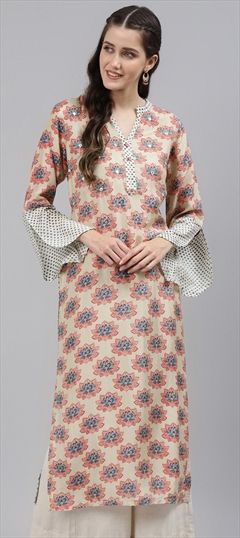 Festive Beige and Brown color Kurti in Cotton, Silk fabric with Long Sleeve, Straight Floral, Mirror, Printed, Zari work : 1745084