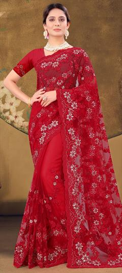 Bridal, Wedding Red and Maroon color Saree in Net fabric with Classic Embroidered, Resham, Thread, Zircon work : 1745141
