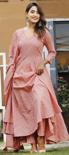 Designer Pink and Majenta color Salwar Kameez in Cotton fabric with Anarkali Lehariya work : 1745251
