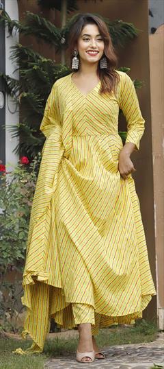 Designer Yellow color Salwar Kameez in Cotton fabric with Anarkali Lehariya work : 1745253
