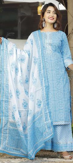 Designer Blue color Salwar Kameez in Cotton fabric with Palazzo Bandhej, Floral, Gota Patti, Lehariya, Printed work : 1745259