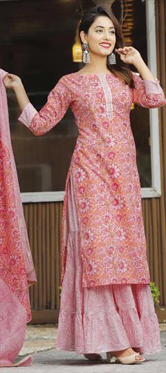 Casual, Designer Pink and Majenta color Salwar Kameez in Cotton fabric with Sharara Floral, Printed work : 1745263
