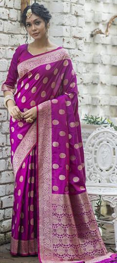 Traditional Purple and Violet color Saree in Art Silk, Silk fabric with Bengali, South Weaving work : 1746073
