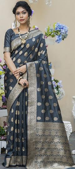 Traditional Black and Grey color Saree in Art Silk, Silk fabric with Bengali, South Weaving work : 1746083