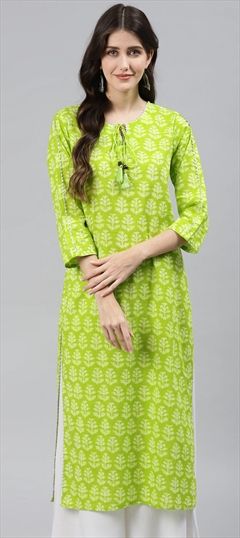 Festive, Party Wear Green color Kurti in Cotton fabric with Straight Thread, Zari work : 1746115