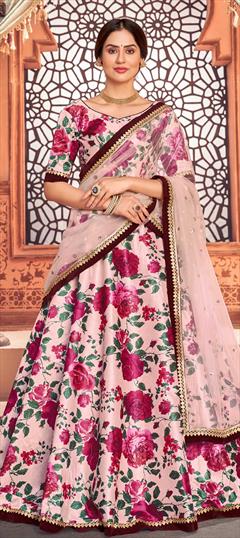 Engagement, Festive, Wedding Pink and Majenta color Lehenga in Silk, Taffeta Silk fabric with A Line Floral, Lace, Printed work : 1746145