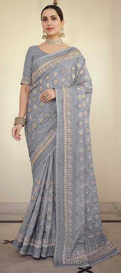 Bridal, Wedding Black and Grey color Saree in Georgette fabric with Classic Gota Patti, Resham, Thread work : 1746176
