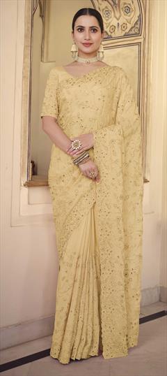 Bridal, Wedding Yellow color Saree in Chiffon fabric with Classic Sequence, Thread work : 1746193