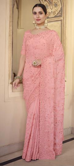 Bridal, Wedding Pink and Majenta color Saree in Chiffon fabric with Classic Sequence, Thread work : 1746226