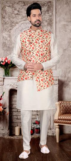 White and Off White color Kurta Pyjama with Jacket in Dupion Silk fabric with Floral, Printed work : 1746287