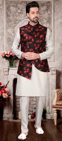 White and Off White color Kurta Pyjama with Jacket in Dupion Silk fabric with Floral, Printed work : 1746291