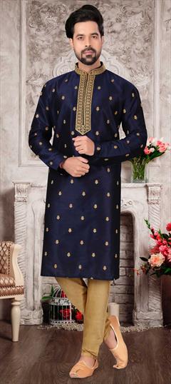 Blue color Kurta Pyjamas in Dupion Silk fabric with Embroidered, Thread, Zari work : 1746292