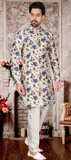 Beige and Brown color IndoWestern Dress in Jacquard fabric with Digital Print, Floral work : 1746351