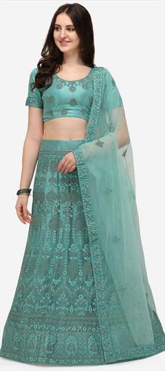 Engagement, Festive, Party Wear Blue color Lehenga in Net fabric with A Line Embroidered, Thread, Zari work : 1746515