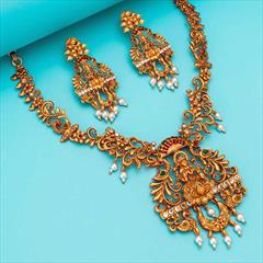 Green, Red and Maroon color Necklace in Copper studded with Kundan, Pearl & Gold Rodium Polish : 1746554