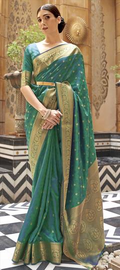 Traditional Green color Saree in Kanchipuram Silk, Silk fabric with South Weaving work : 1746565