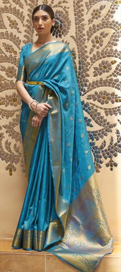 Traditional Blue color Saree in Kanchipuram Silk, Silk fabric with South Weaving work : 1746571