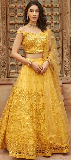 Party Wear, Reception Yellow color Lehenga in Organza Silk fabric with A Line Embroidered, Resham, Thread work : 1746647