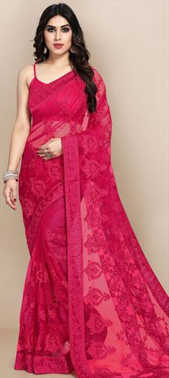 Festive, Party Wear Pink and Majenta color Saree in Net fabric with Classic Embroidered, Resham, Thread work : 1746696