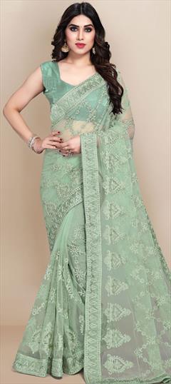 Festive, Party Wear Green color Saree in Net fabric with Classic Embroidered, Resham, Thread work : 1746697