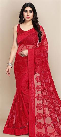 Festive, Party Wear Red and Maroon color Saree in Net fabric with Classic Embroidered, Resham, Thread work : 1746702