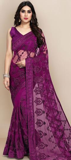 Festive, Party Wear Purple and Violet color Saree in Net fabric with Classic Embroidered, Resham, Thread work : 1746704