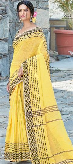 Traditional Yellow color Saree in Linen fabric with Bengali Weaving work : 1746770