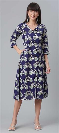 Casual Blue color Kurti in Cotton fabric with A Line, Angrakha, Long Sleeve Printed work : 1746772