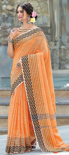 Casual Orange color Saree in Linen fabric with Bengali Weaving work : 1746773