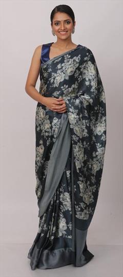 Casual, Traditional Black and Grey color Saree in Satin Silk, Silk fabric with South Digital Print, Floral work : 1746835
