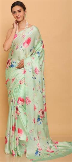 Casual, Traditional Green color Saree in Satin Silk, Silk fabric with South Digital Print, Floral work : 1746837