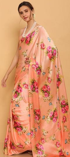 Casual, Traditional Orange color Saree in Satin Silk, Silk fabric with South Digital Print, Floral work : 1746839