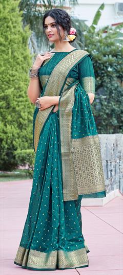 Traditional Blue color Saree in Organza Silk, Silk fabric with South Weaving work : 1746910