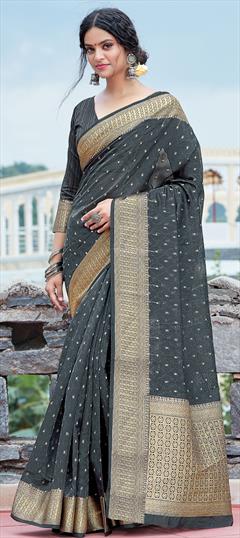 Traditional Black and Grey color Saree in Organza Silk, Silk fabric with South Weaving work : 1746917