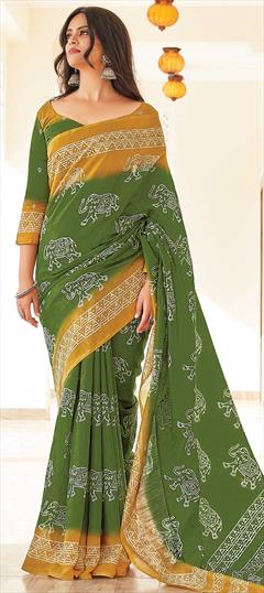 Casual, Traditional Green color Saree in Cotton fabric with Bengali Printed work : 1746927