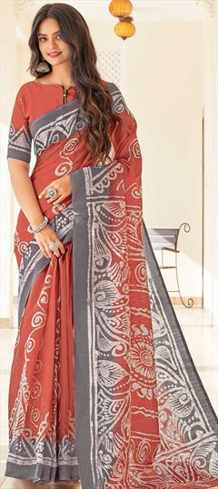 Casual, Traditional Red and Maroon color Saree in Cotton fabric with Bengali Printed work : 1746936